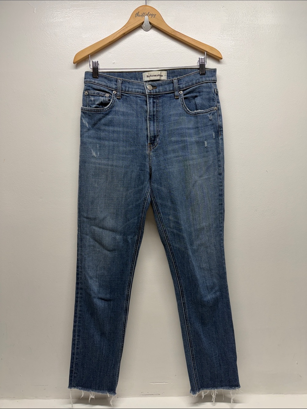 Reformation Jeans High Rise Cropped Distressed Straight Leg Pant Raw Hem Blue 30